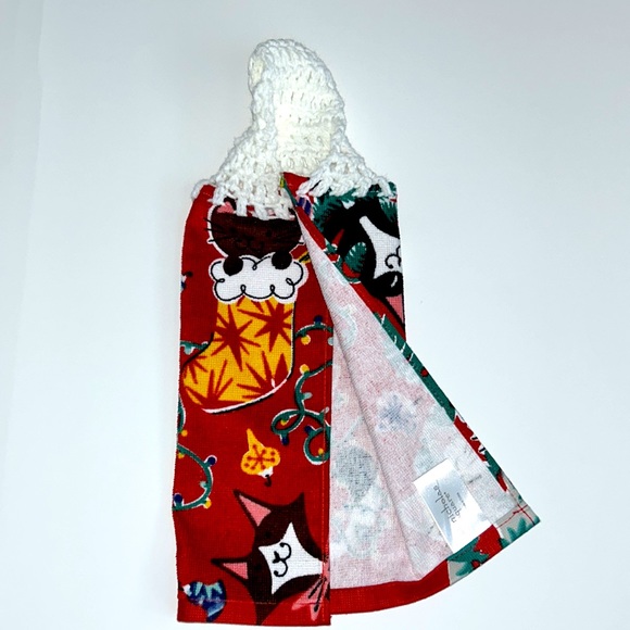 Hand Crafted Crochet Top Hanging Kitchen or Bathroom Hand Towel Christmas Cats - Picture 6 of 7